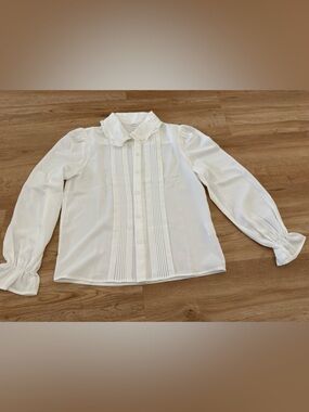 White Pintuck Button-Up Blouse with Lace Collar